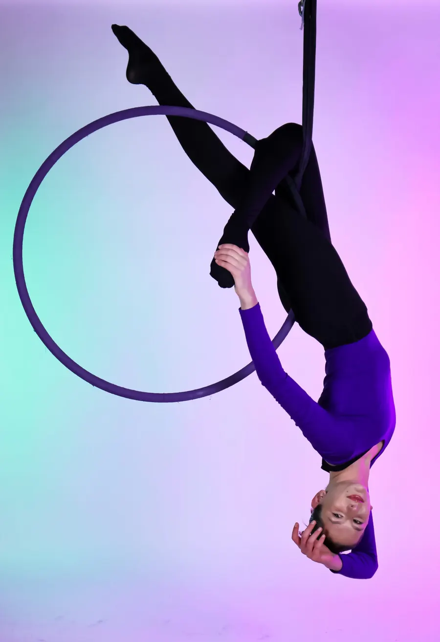 Aerial hoop rigged in the studio, available for rented photoshoots